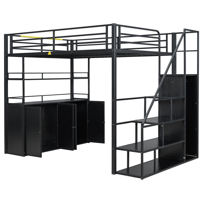 Full Size Metal Loft Bed with Storage Staircase and Wardrobe,Shelves and Lockers, White
