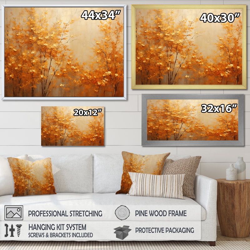«Golden Autumn Forest Harmony I», art mural forêt pour le salon, H 16 po x l 32 po x P 1 po, Cadre flottant doré