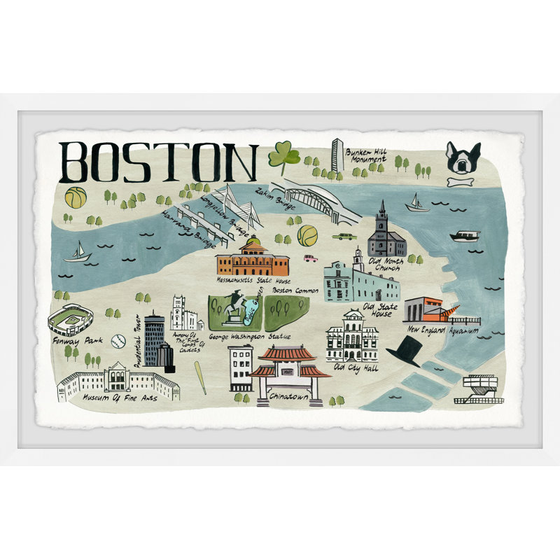 «Illustrated Map Of Boston», reproduction d'art sur papier, H 12 po x l 18 po x P 1,5 po
