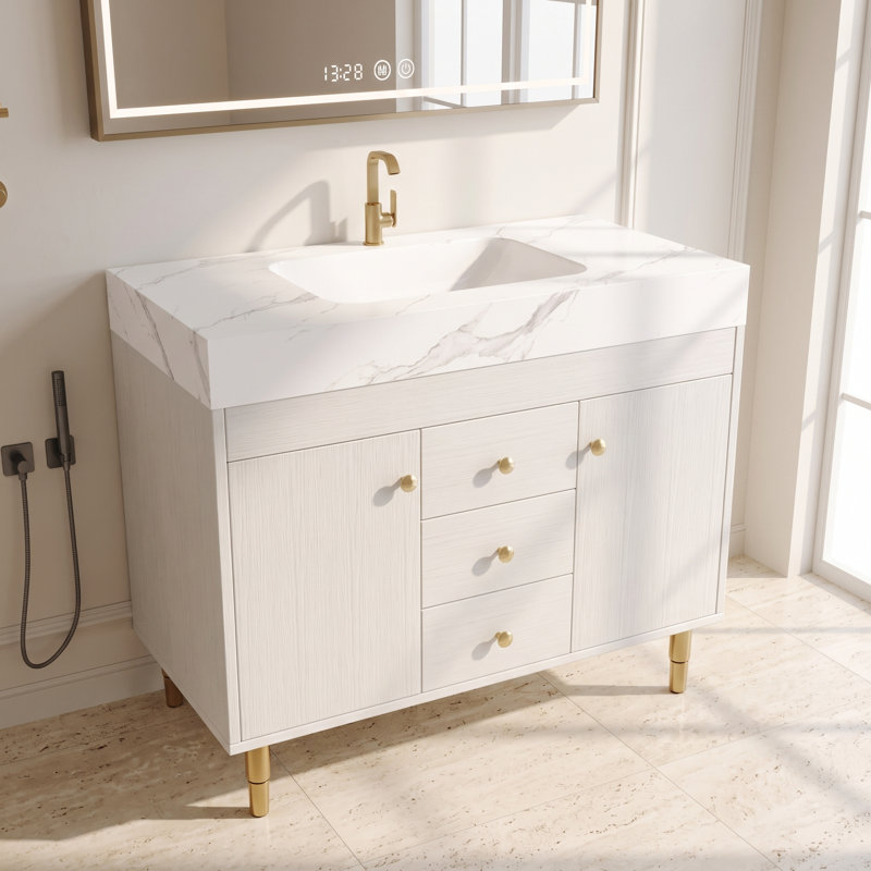 Meuble-lavabo simple autoportant blanc de 91 cm (36 po) avec lavabo en céramique, comptoir en pierre frittée veinée blanche et 3 tiroirs