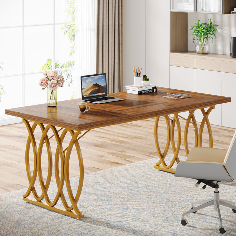 Bureau de direction, grand bureau d'ordinateur de 63 pouces de large, Marbre brun, Or
