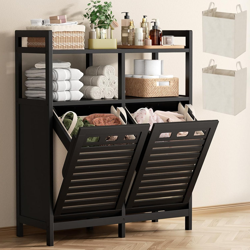 Armoire à linge inclinée, panier à linge double couche en bambou avec 2 paniers à linge amovibles, trieuse de linge de 20 gallons