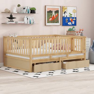 Wood Daybed With Fence Guardrails And 2 Drawers, Split Into Independent Floor Bed & Daybed