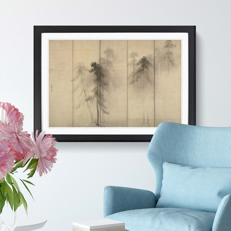 Pine Trees by Hasegawa Tohaku - Picture Frame Painting Print on MDF, Black Framed, 36cm H x 48cm W x 2cm D