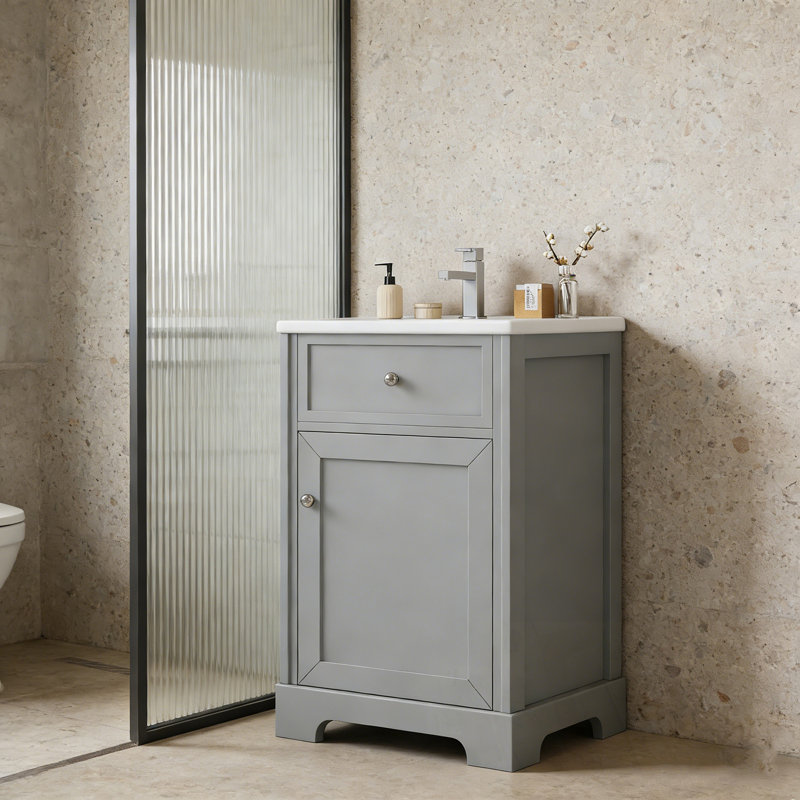 Meuble-lavabo de salle de bain avec lavabo, porte à fermeture douce, support de rangement et tablette réglable, Gris