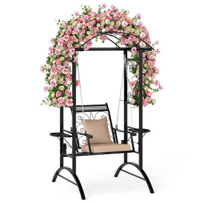 Outdoor Wood Porch Swing With Stand And Dual Trellises For Adults, Black
