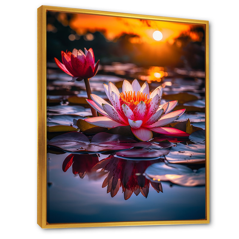 " Lotus Pond At Sunset ", 40" H x 30" W x 1.5" D, Gold Floater Framed