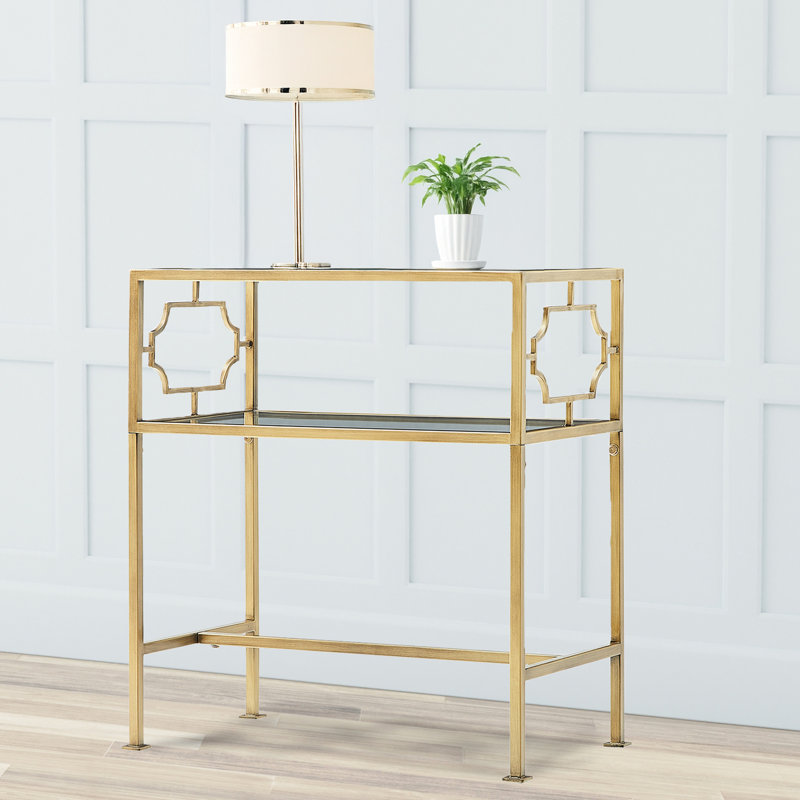 Table d'appoint rectangulaire en métal doré antique et en verre trempé avec brancard de style H, deux tablettes, glissières de plancher, 21,34 lb, 13,61 po de profondeur de tablettes transparentes, support structurel,