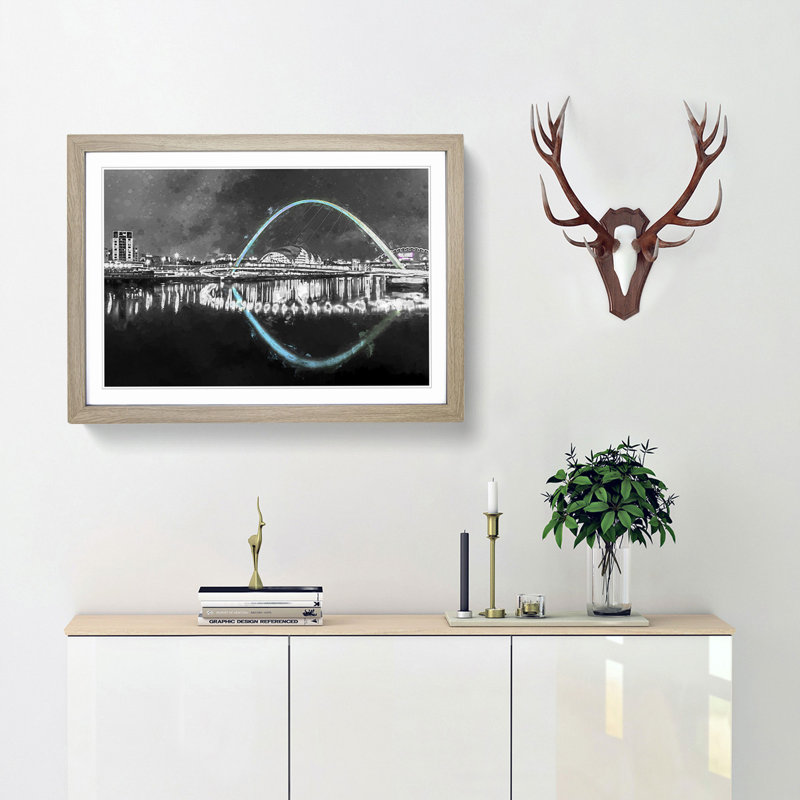 Gateshead Millennium Bridge in Abstract - Picture Frame Graphic Art Print, 48cm H x 65cm W x 2cm D, Oak Framed
