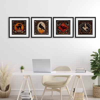 Spooky Season Animals 4pc Framed Print Under Glass Set, design by Janelle Penner