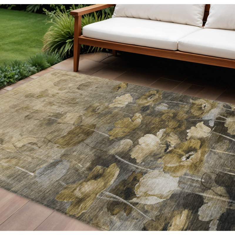 Tapis extérieur lavable floral beige et brun clair 8 pi x 10 pi