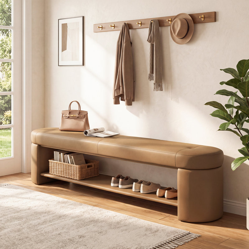 Banc d'entrée rembourré en similicuir de 160 cm avec tablette de rangement ouverte