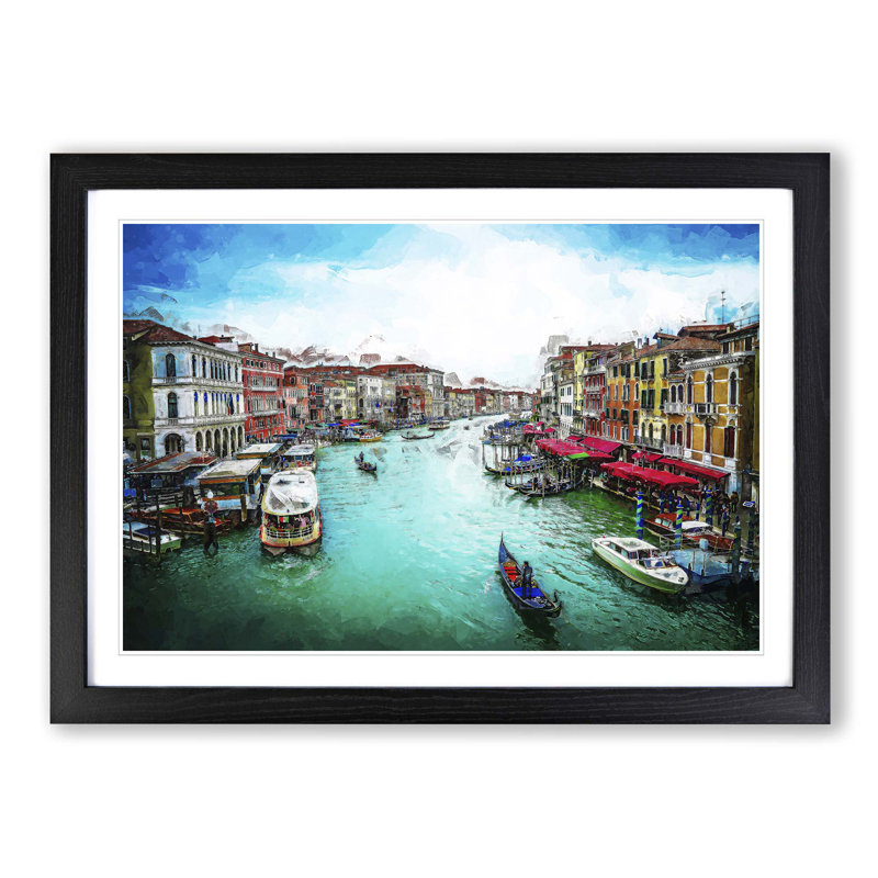 Gondolas in Venice Italy in Abstract - Picture Frame Graphic Art Print, 62cm H x 87cm W x 2cm D, Black Framed