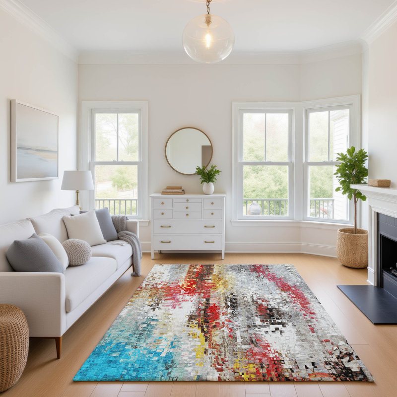 Premium Machine Washable Mayfield AMF2254 Abstract Rug, Silver, 9' x 12'