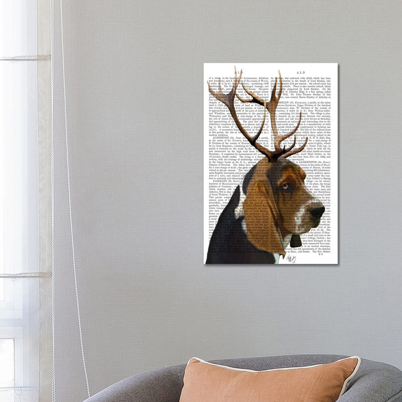 Basset Hound & Antlers by Fab Funky - Wrapped Canvas Print, 66.04 cm H x 45.72 cm W x 3.175 cm D