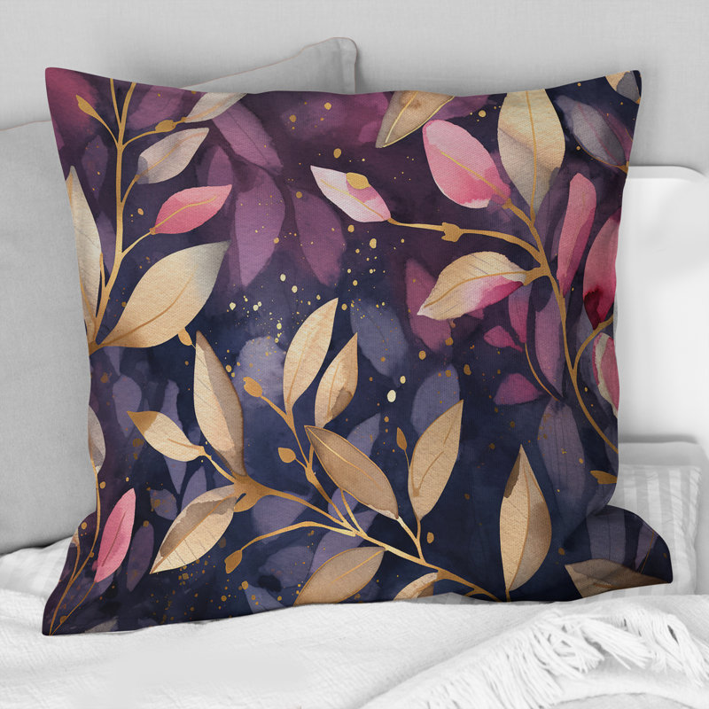 Coussin décoratif à imprimé floral mauve et feuilles mauves