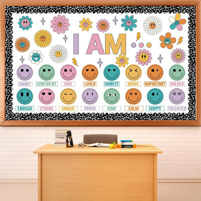 Ensemble de babillards Affirmation Station - décor de classe «Smile Face» avec découpes de papier d'affirmation «i am», visage heureux et dictons inspirants pour la rentrée scolaire, tableau noir, décoration murale et de classe