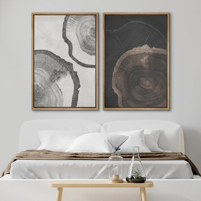 Tree Ring "Grey Wood Stump Abstract Neutral Artwork, Rustic Farmhouse Cabin Wall Pictures, Framed Canvas Giclee Print 2 Pieces Wall Art Set" 