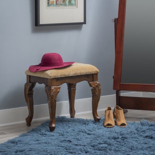 Vintage Petite Solid Wood Upholstered Vanity Bench Stool - Cherry