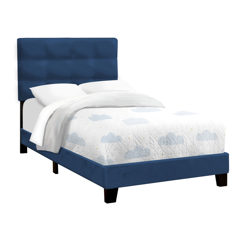 Twin Bed In Blue Velvet Upholstery, Stylish Transitional With Upholstered Platform Frame, Style