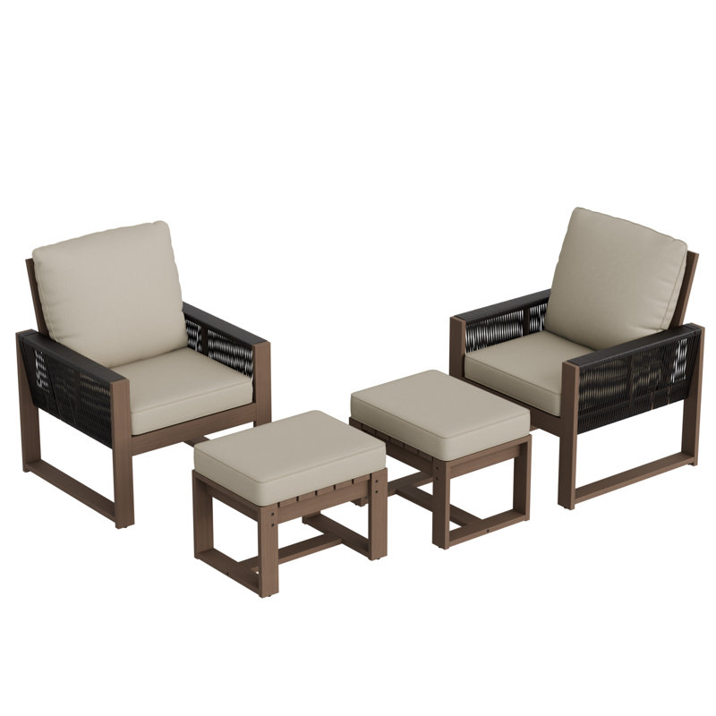 Ensemble de meubles de conversation pour patio 4 pièces, cadre en bois de cèdre massif avec coussin, repose-pieds, Beige
