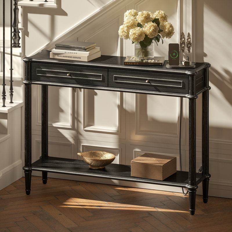 Console Table For Entryway With Charging Station,Retro Entryway Table With 2 Drawers-Easiest Assembly,Sofa Table With Bottom Shelf,Narrow Long Couch Table Behind Sofa For Living Room,Foyer (Black)