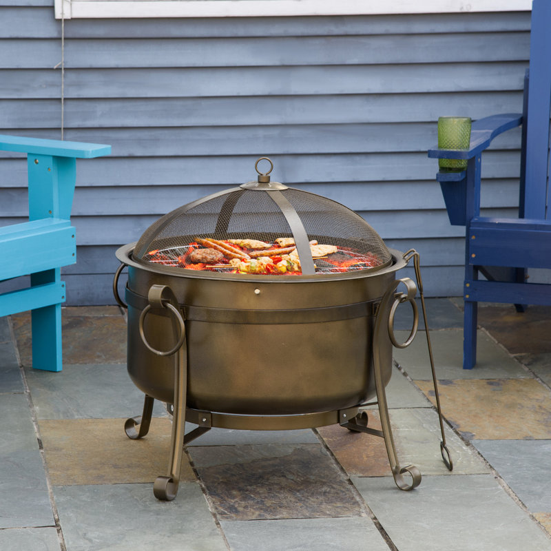Barbecue au foyer extérieur de 30 po Spragens, bol à bois en acier portatif, grille de cuisson, tisonnier, couvercle pare-étincelles pour patio, cour arrière, barbecue