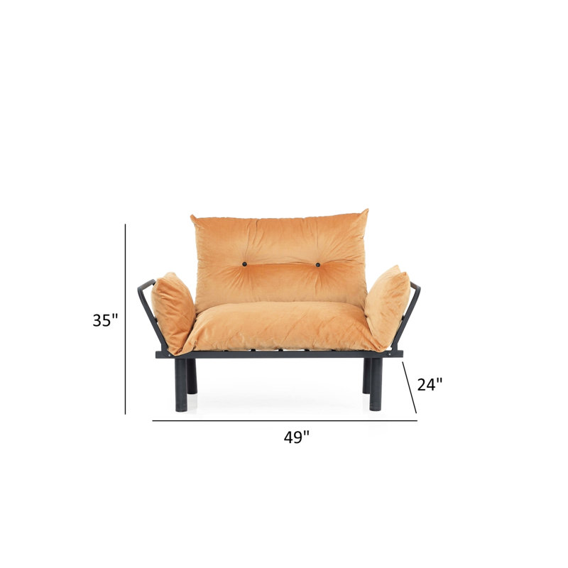 Canapé-lit futon deux places couleur moutarde riche, structure en métal, profondeur 125,4 cm, largeur 60 cm, hauteur 87,5 cm. Modèle moutarde avec support, profondeur 124,5 cm, largeur 61 cm, hauteur 89 cm, poids 13,6 kg.