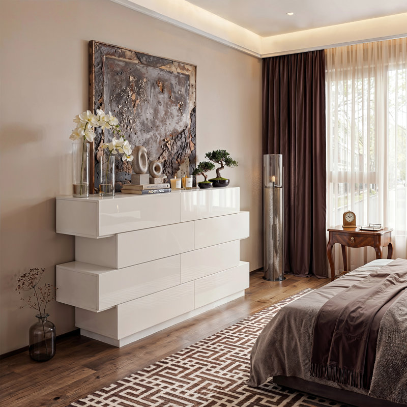 8 Drawer Double Dresser With High Gloss Surface, White