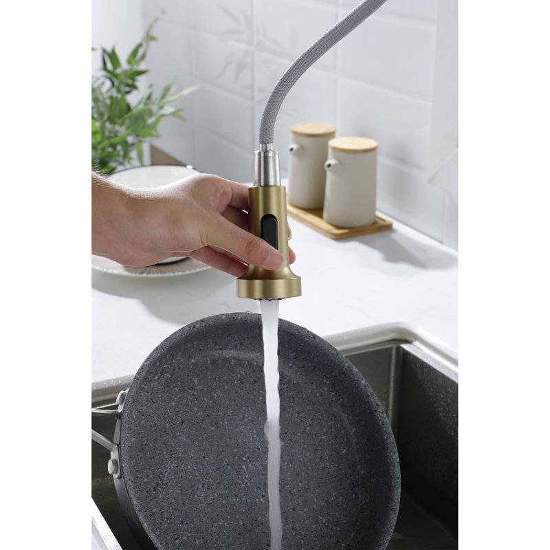 Pull Out Spray Kitchen Faucet In Gold Stainless Steel, 360 Rotating Nozzle For Convenience, Single Handle Water Temp & Flow Adjustment, Corrosion Rust Finish, Quiet Splash- Aerator Included Steel