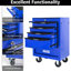 Chariot à outils à 5 tiroirs en noir et bleu, coffre à roulettes en acier, chargement de 15 kg, glissières à roulement, 4 roues avec dispositif de verrouillage pour un fonctionnement sécuritaire - roues pivotantes en métal bleu de 20 po, organisation soignée-1511110634