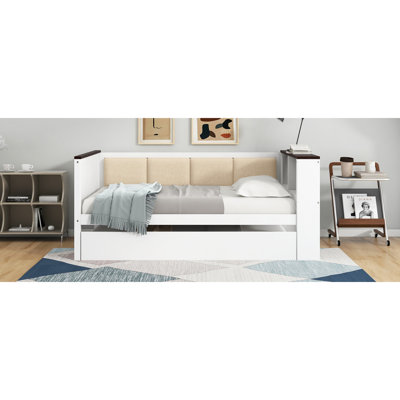 Twin Size Wood Daybed With Storage Shelves, Upholstered Backrest,USB And Trundle, White