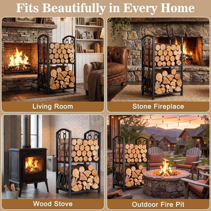29" Firewood Rack with 4-Piece Fireplace Tools