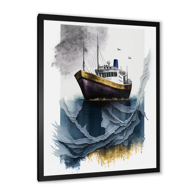 Impression sur toile, bateau de pêche moderne mauve doré, Impression noire sur toile encadrée, H 20 po x l 12 po x P 1 po