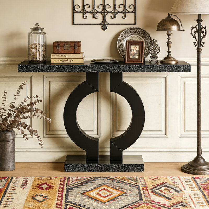 Mirrored Console Table Modern Sofa Table with O-Shaped Base, Black