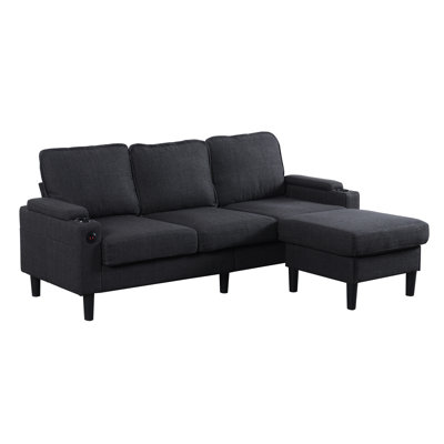 Dark Grey 3 With Storage For Living Room, Apartment & Bedroom. Linen Upholstered Sectional Couch Port, Cup Holders Magazine Bags. Wood Frame, Square Arms, Medium-soft Seat. Heavy Duty Rating.