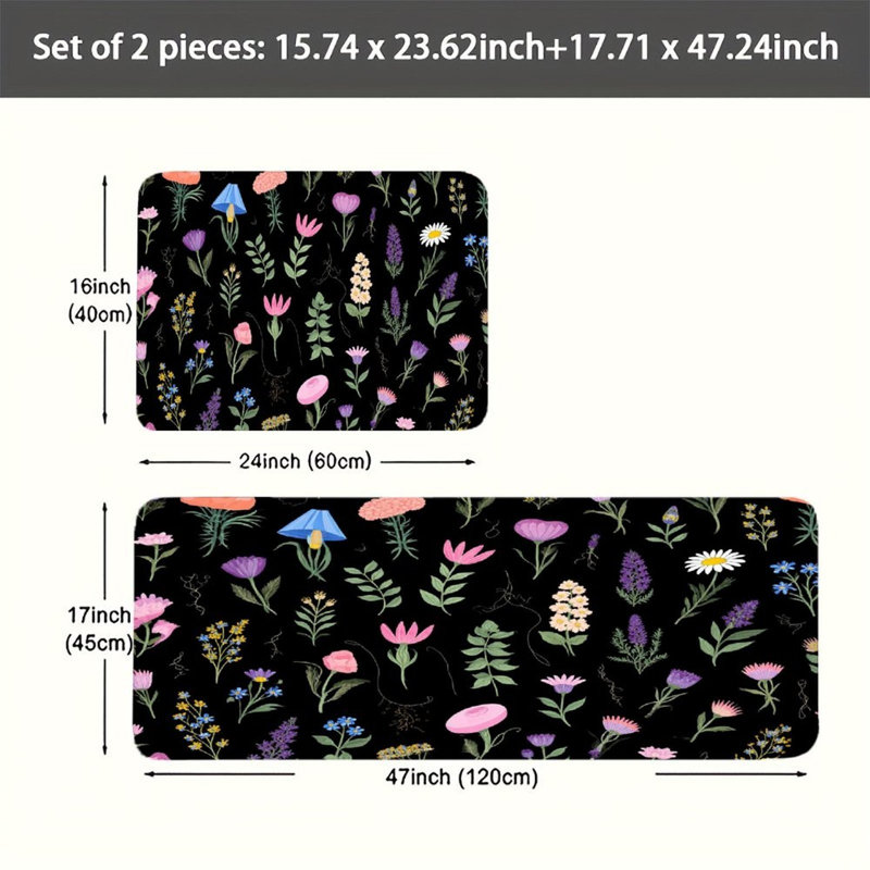 Ensemble de 2 tapis de cuisine à motif floral foncé et botanique