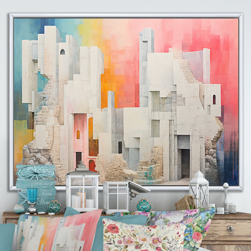 " Bold Pink Pastel Castle I ", White Floater Framed, 30" H x 40" W x 1.5" D
