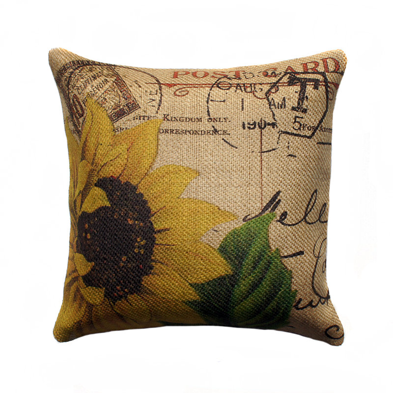 French Sunflower Burlap Square Cotton Throw Pillow