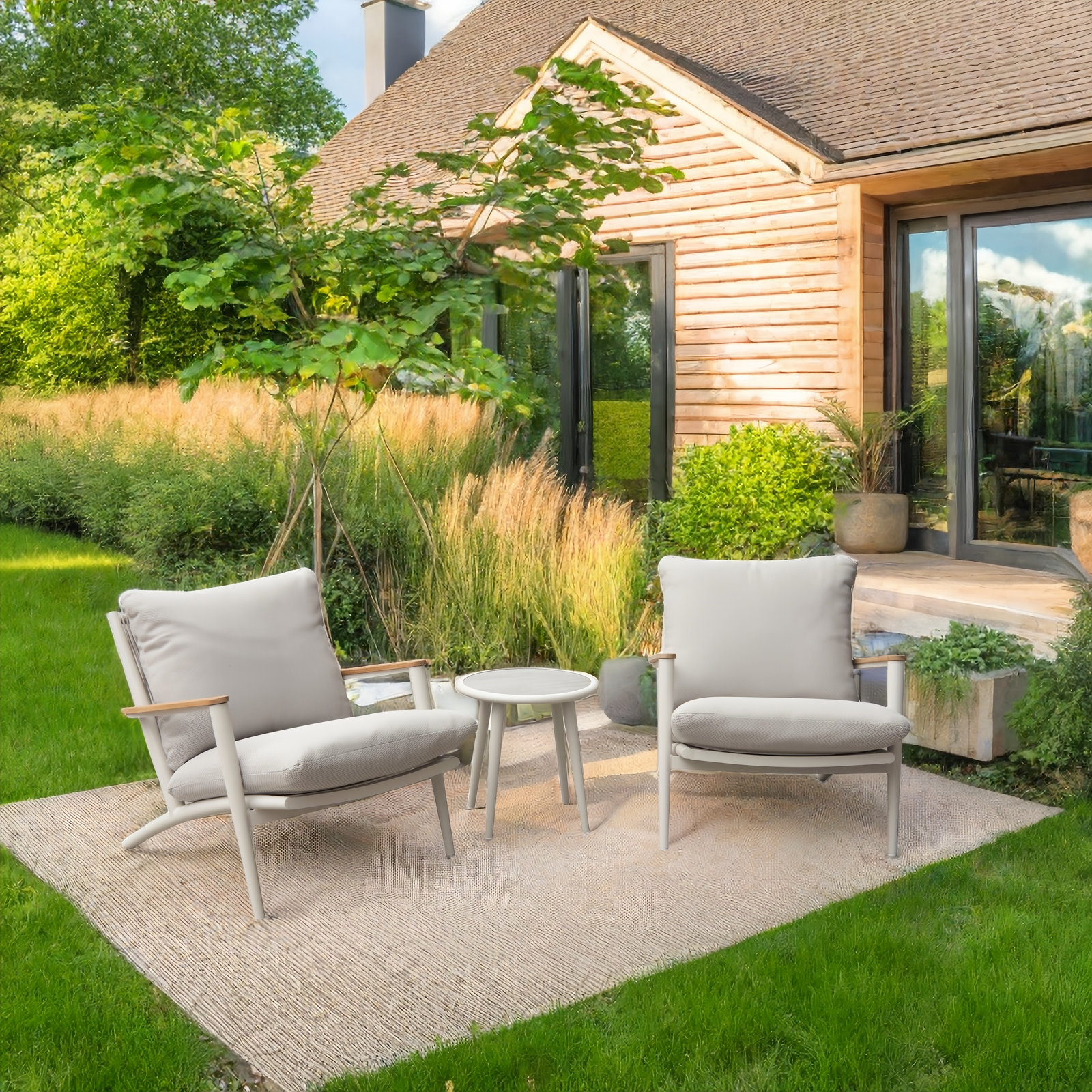 Hiram 2-Person Teak Patio Seating Group, Beige/White