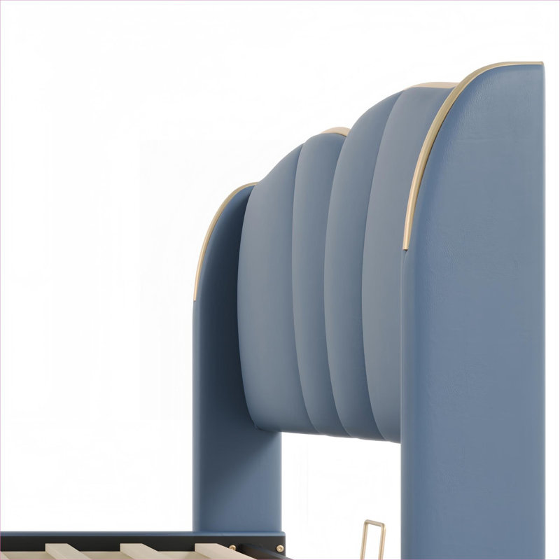 Structure de lit moderne tapissier avec tête de lit à oreilles, pas de sommier tapissier, cuir polyuréthane bleu riche