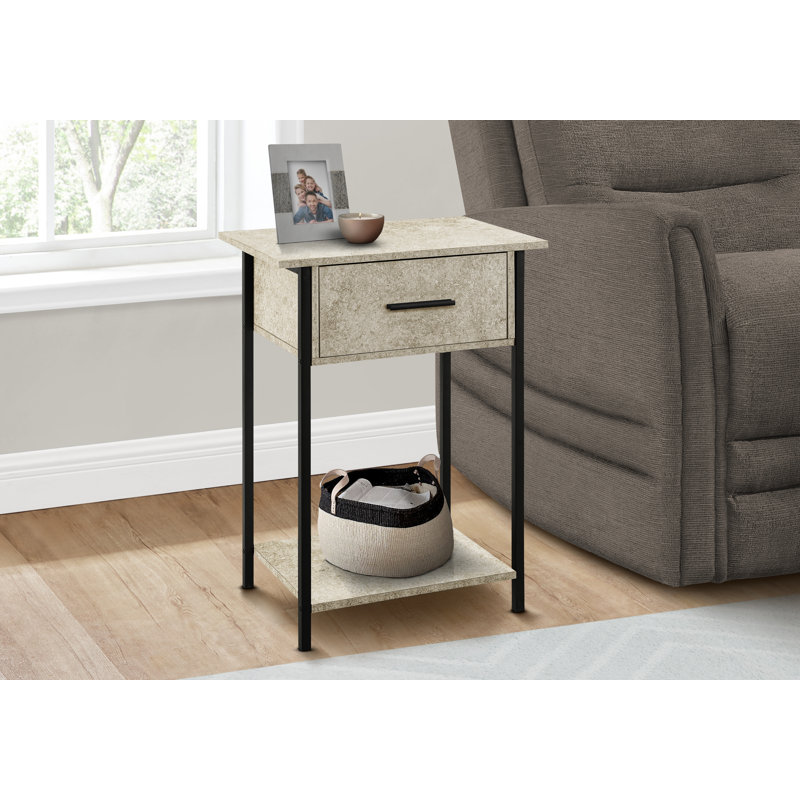 Table d'appoint contemporaine à 2 niveaux avec tiroir de rangement, stratifié en pierre crème et métal noir, petite table de bout pour le salon | Idée de cadeau