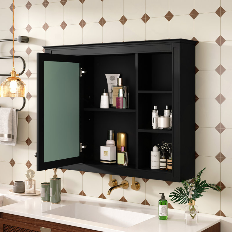Armoire à pharmacie, armoire de rangement murale pour salle de bain, armoire murale moderne avec miroir, armoire à miroir avec 6 tablettes ouvertes (meuble-lavabo non inclus)