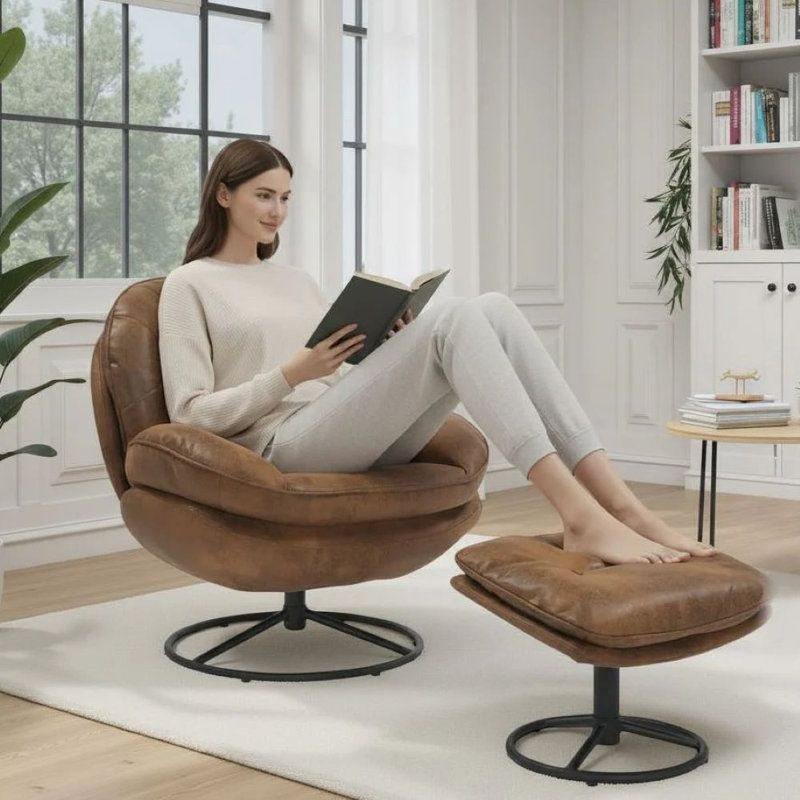 Azura Swivel Accent Chair with Footstool, Brown Suede