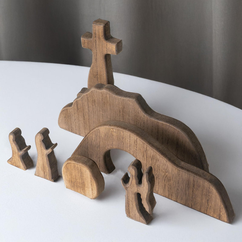 Ensemble de crèche de Pâques en bois 7 pièces avec crèche vide et croix