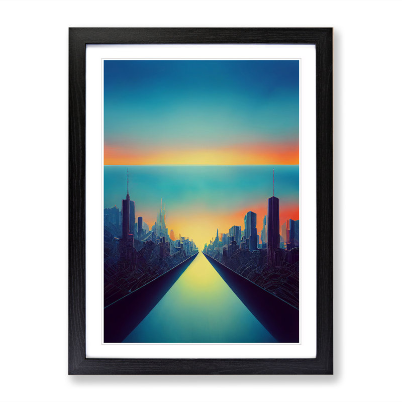 River Through A City Skyline - Single Picture Frame Print, 64cm H x 46cm W x 2cm D, Black Framed