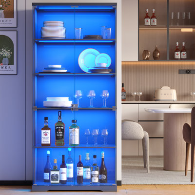 69" H Display Cabinet With Glass Doors,5-Tier Storage Cabinet With Rgb Light& Human Body Sensor