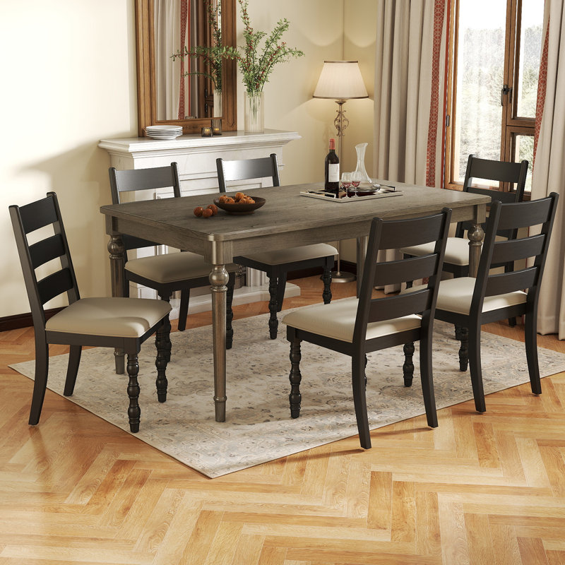 Rectangular Rustic Dining Set With Upholstered Ladder Back Chairs, Farmhouse Kitchen Table Set, Beige/Black, Gray