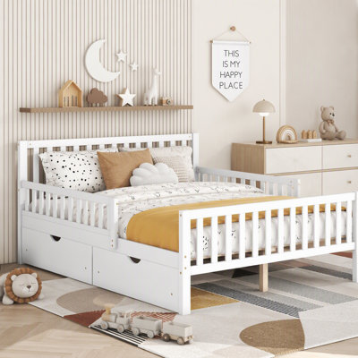 Lit plateforme simple en bois avec garde-corps des deux côtés et deux tiroirs de rangement