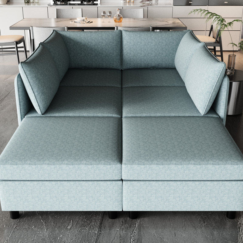 Salon modulaire avec canapé-lit et fonction de rangement, 6 canapé modulaire en chenille bleu antique, Chenille bleu antique